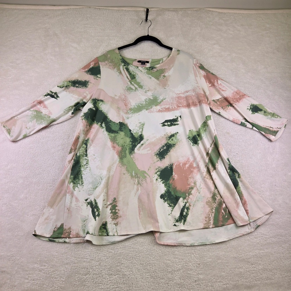 Alfani Womens 1X Abstract Brushstroke Print Long Sleeve Tunic Top Green Pink